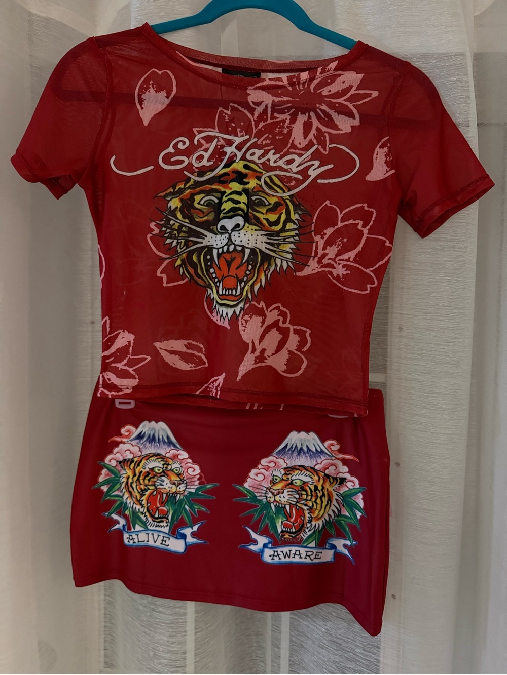 Ed Hardy Red Mesh Tee & Skirt Set with Tiger Graphics